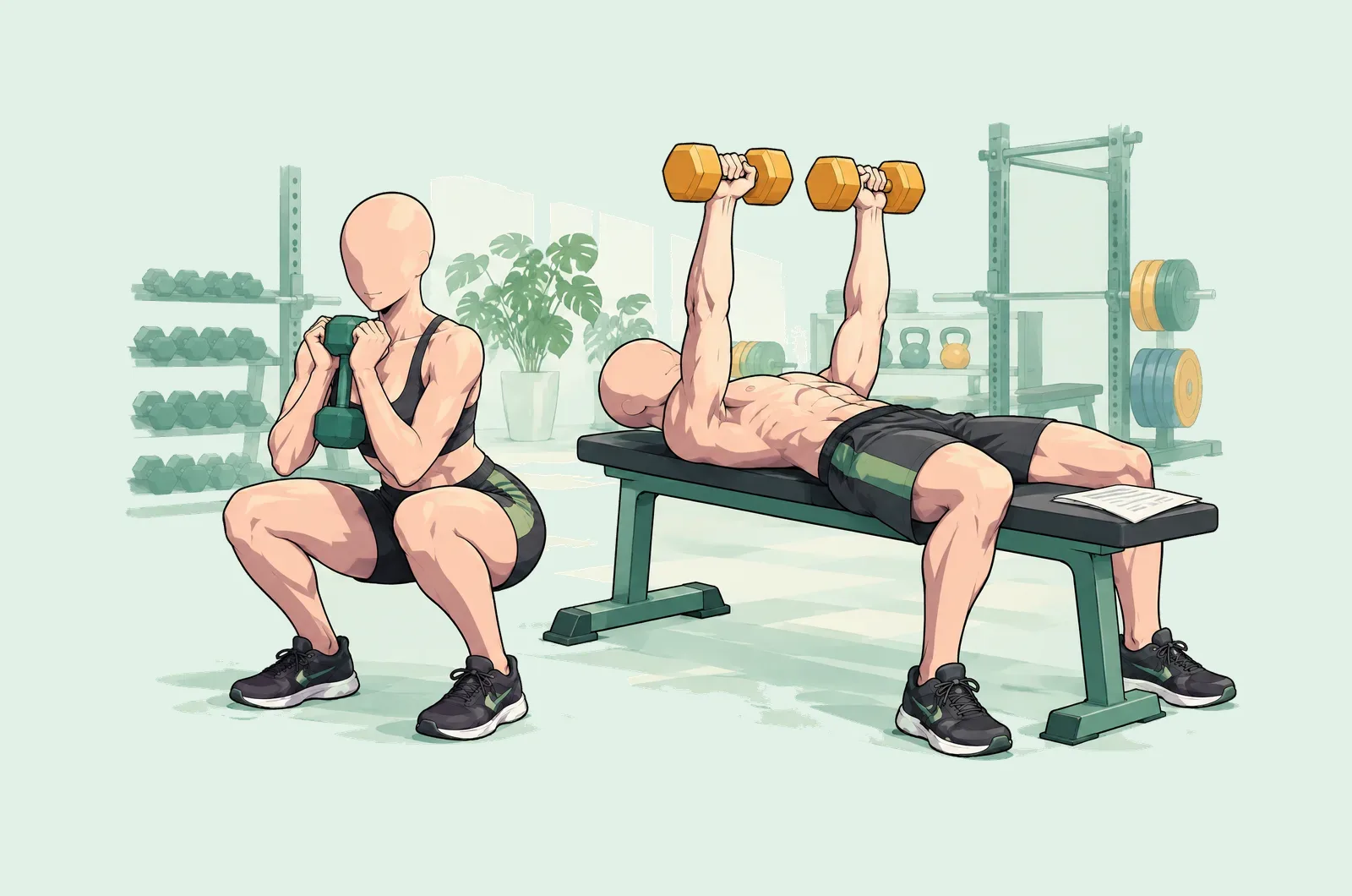 Femme qui fait un squat goblet et homme qui fait un développé aux haltères sur un banc, pour leur première séance de musculation.