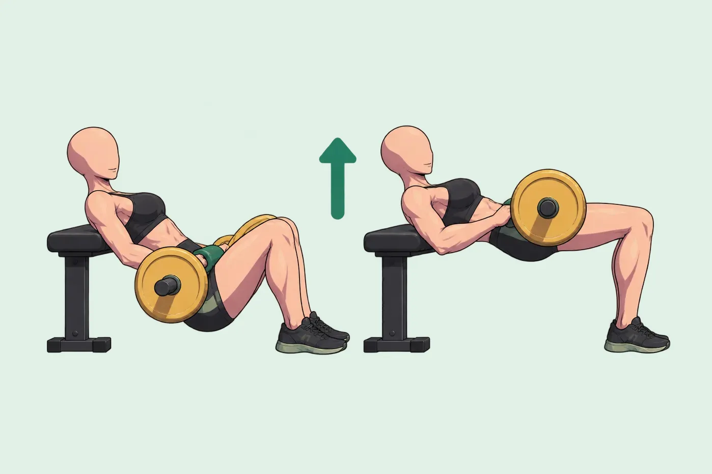 Femme qui fait un hip thrust à la barre, le haut du dos sur un banc : hanches basses près du sol, puis hanches levées, buste et cuisses alignés.