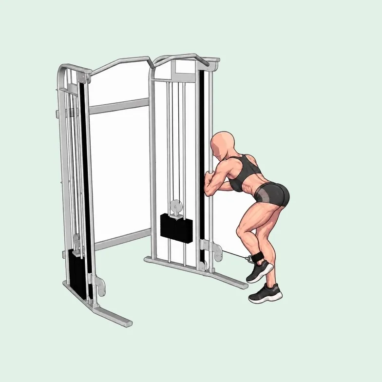 Femme qui fait un kick back fessier à la poulie basse : buste penché, mains sur la machine, puis jambe poussée vers l’arrière.