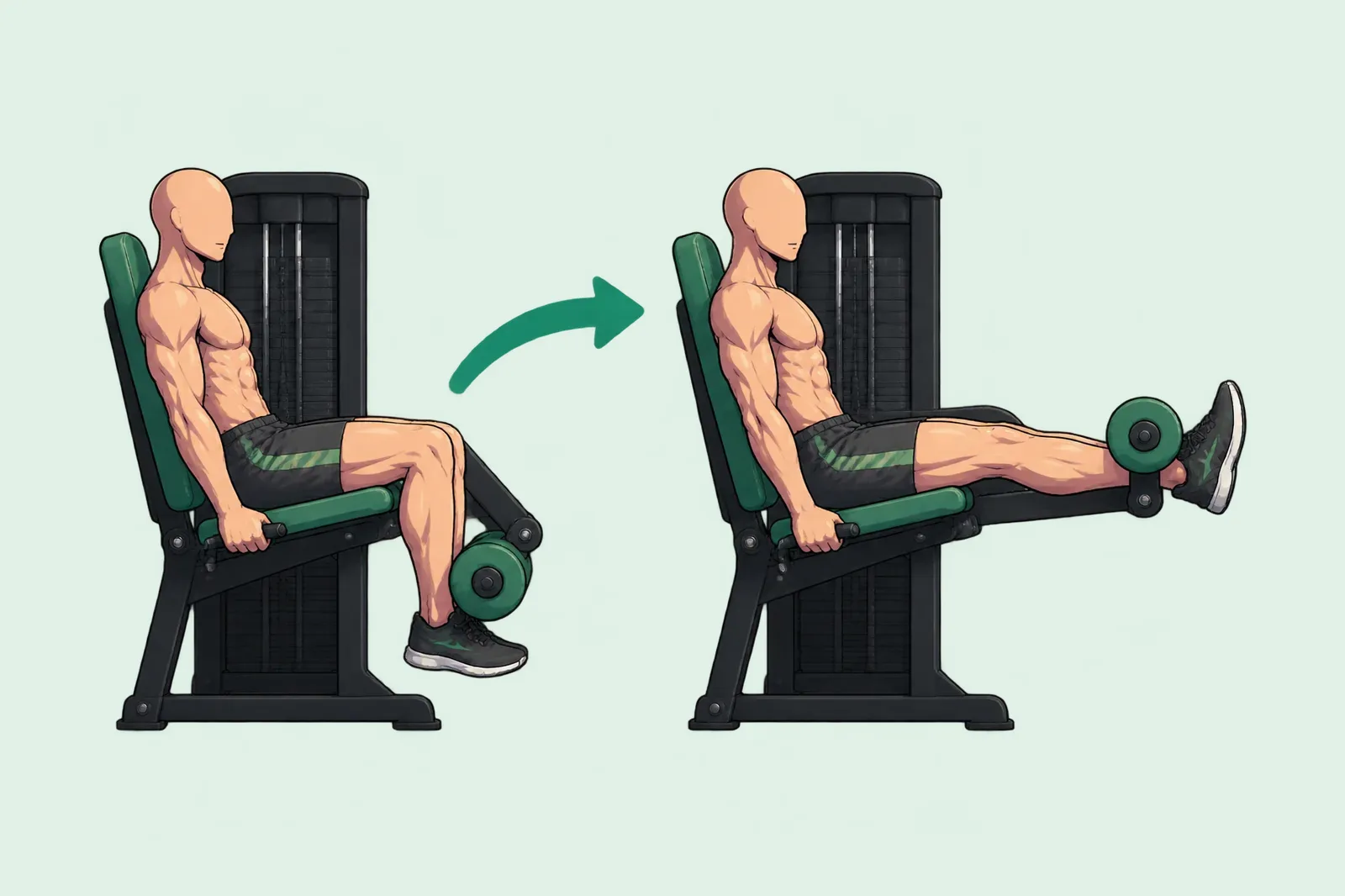 Homme assis à la machine qui fait un leg extension : genoux pliés à angle droit, puis jambes tendues devant lui.