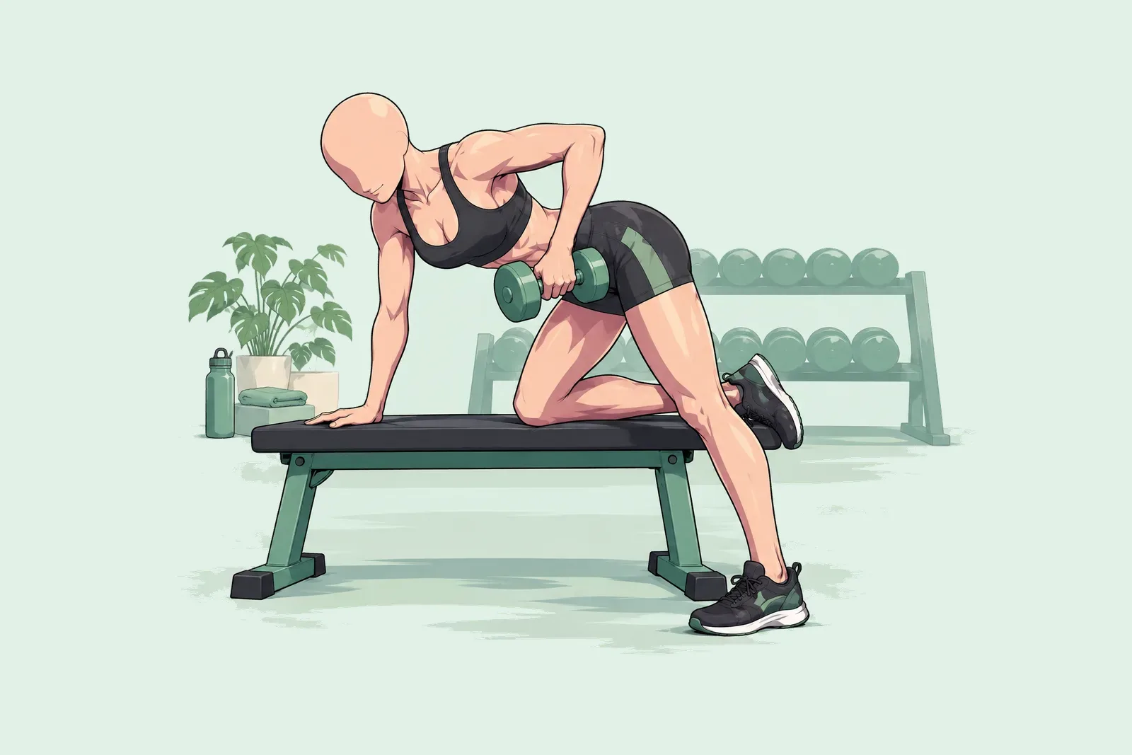Femme qui fait un rowing à un bras avec un haltère, un genou et une main en appui sur un banc.