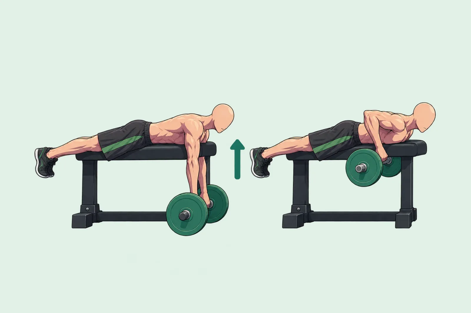 Homme allongé sur le ventre sur un banc surélevé qui fait un rowing planche : bras tendus sous le banc, puis barre tirée jusqu’au banc.