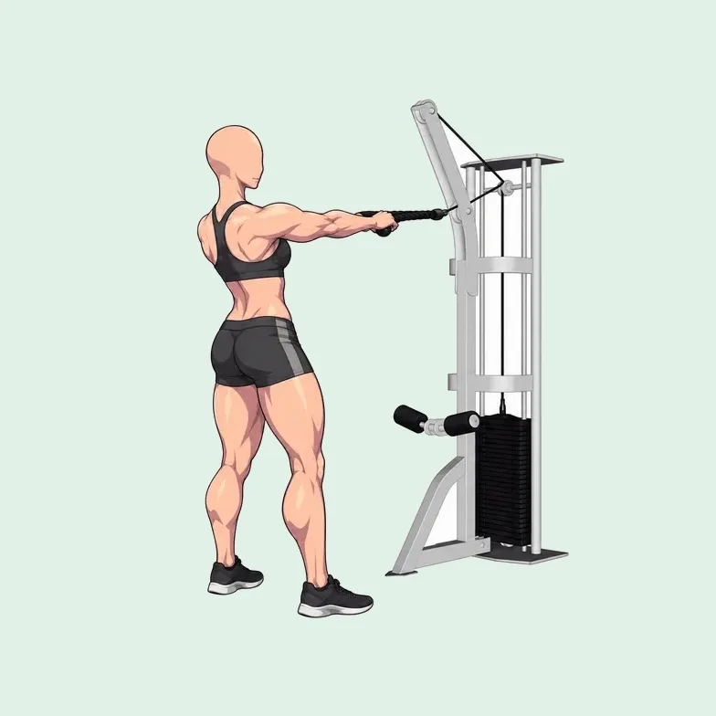 Femme debout qui fait un face pull à la corde : bras tendus vers la poulie, puis corde tirée vers le visage, coudes hauts.