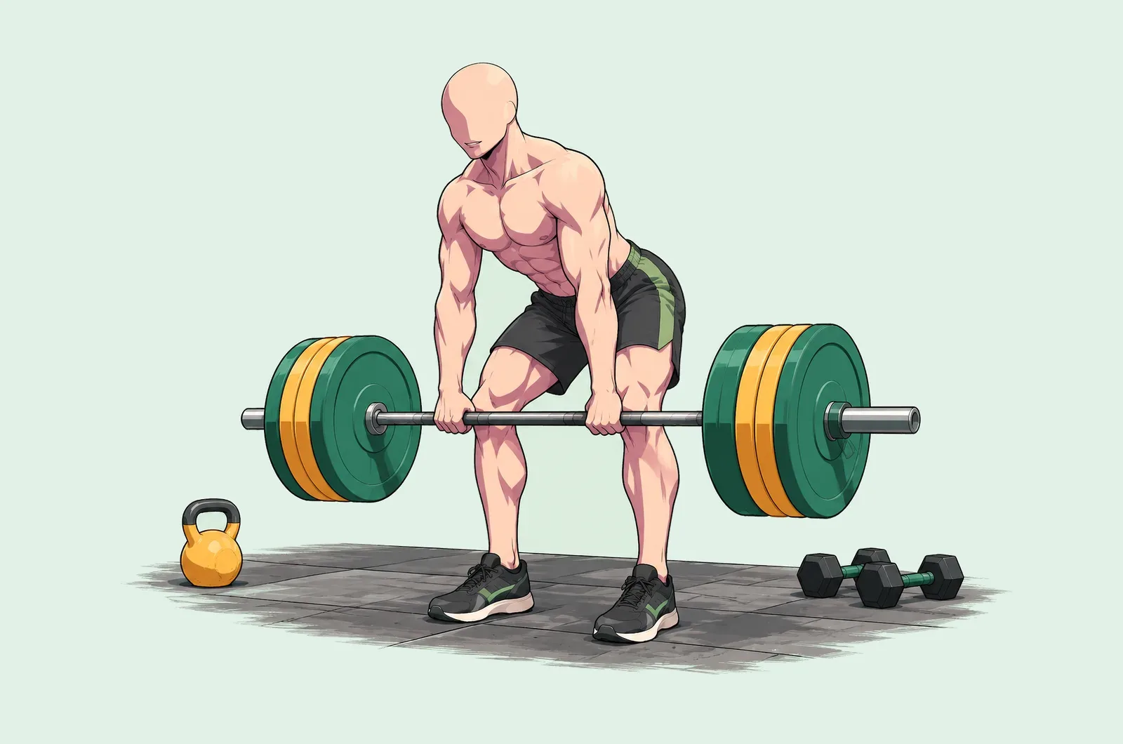 Homme qui fait un soulevé de terre à la barre, entouré d’une kettlebell et d’haltères posés au sol.