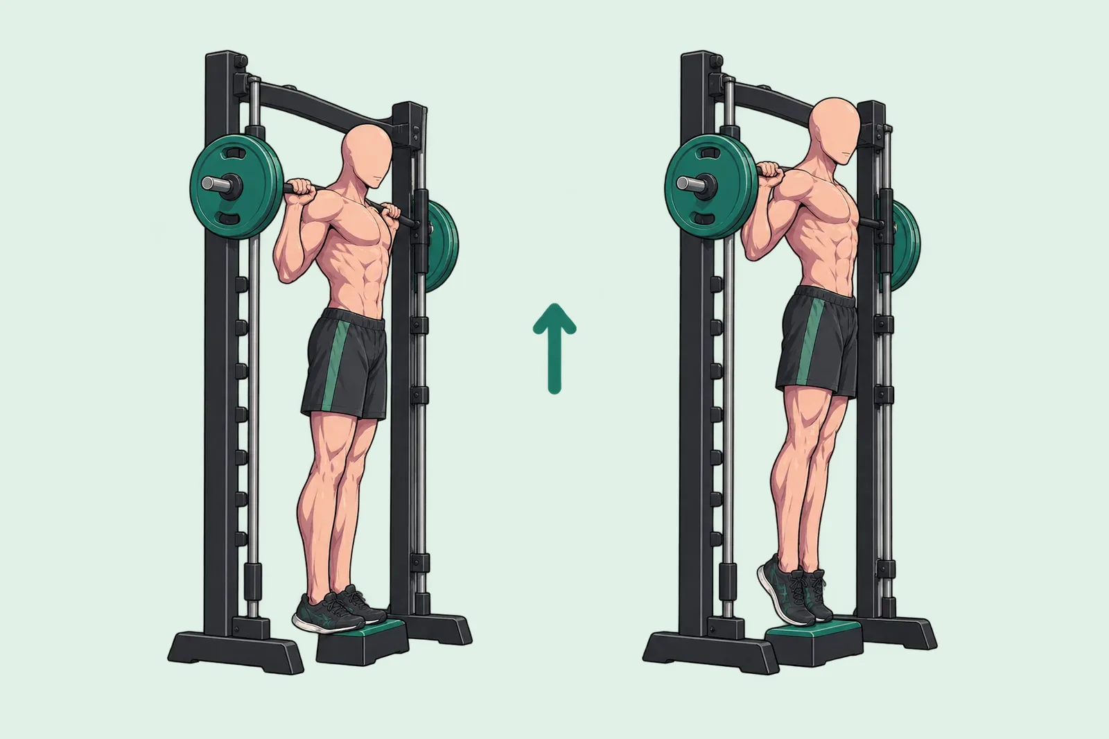 Homme debout dans une Smith machine, la barre sur le dos et les pointes de pieds sur une cale, qui fait une extension des mollets : talons bas, puis talons levés.