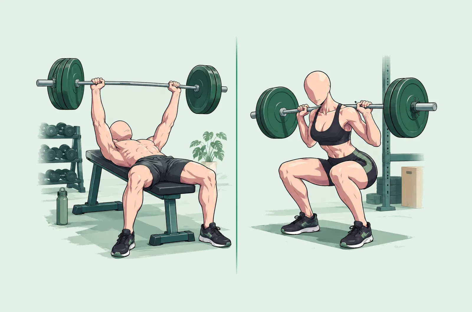 Homme au développé couché et femme au squat à la barre, côte à côte pour le haut et le bas du corps.