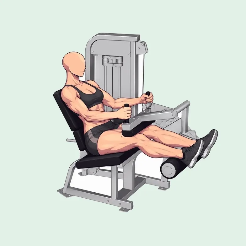 Femme assise à la machine à leg curl : jambes tendues, puis talons ramenés sous le siège.