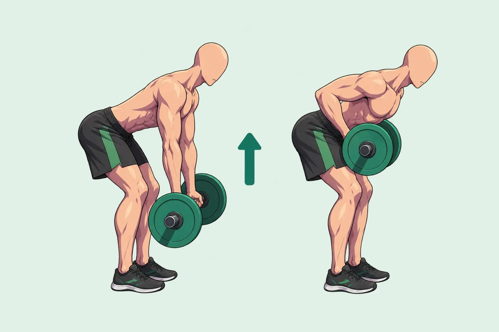 Homme penché en avant, dos plat, qui fait un rowing barre en supination : bras tendus, barre à hauteur des genoux, puis barre tirée vers le ventre.