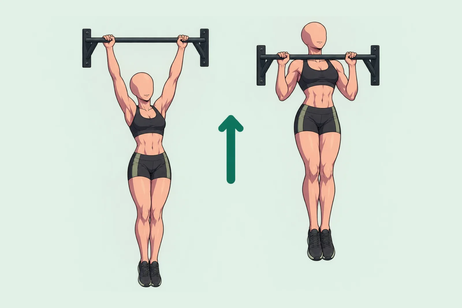 Femme qui fait une traction en pronation à une barre fixée au mur : suspendue bras tendus, puis le menton au-dessus de la barre.