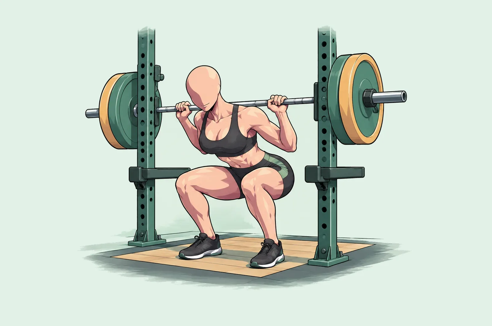 Femme en position basse d’un squat à la barre, dans un rack.