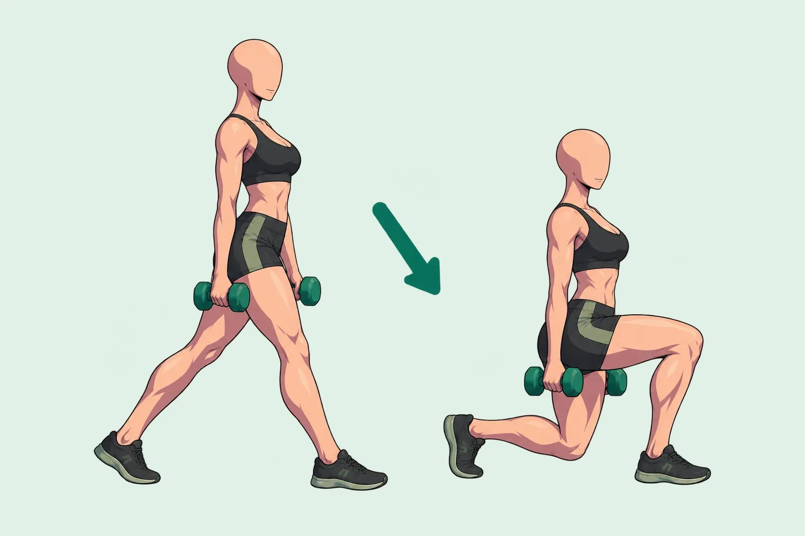 Femme qui fait un split squat aux haltères : debout, un pied devant l’autre, puis genou arrière descendu près du sol, haltères le long du corps.