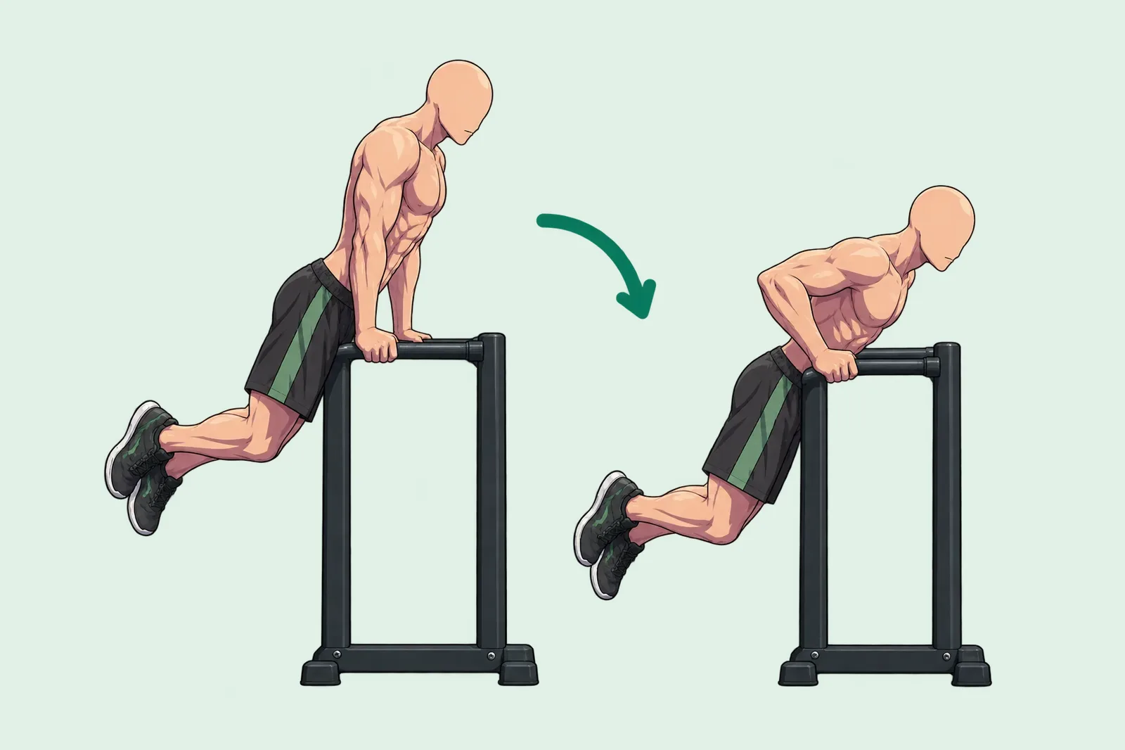 Homme aux barres parallèles qui fait des dips, buste penché en avant : bras tendus en appui, puis coudes pliés, épaules un peu sous les coudes.