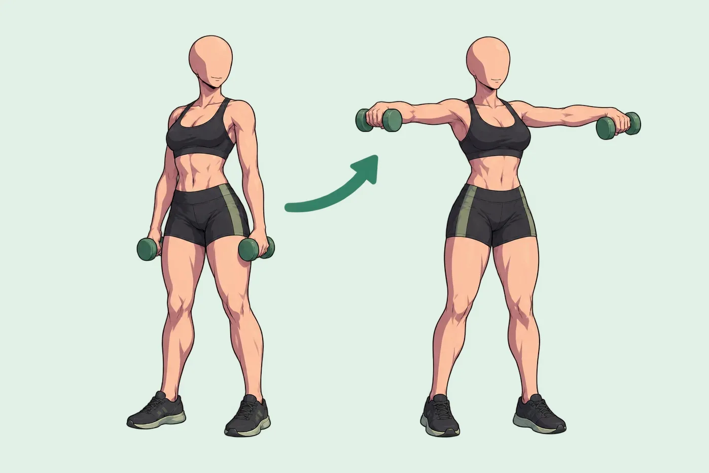 Femme debout qui fait des élévations latérales aux haltères : bras le long du corps, puis bras écartés sur les côtés jusqu’à hauteur d’épaules.