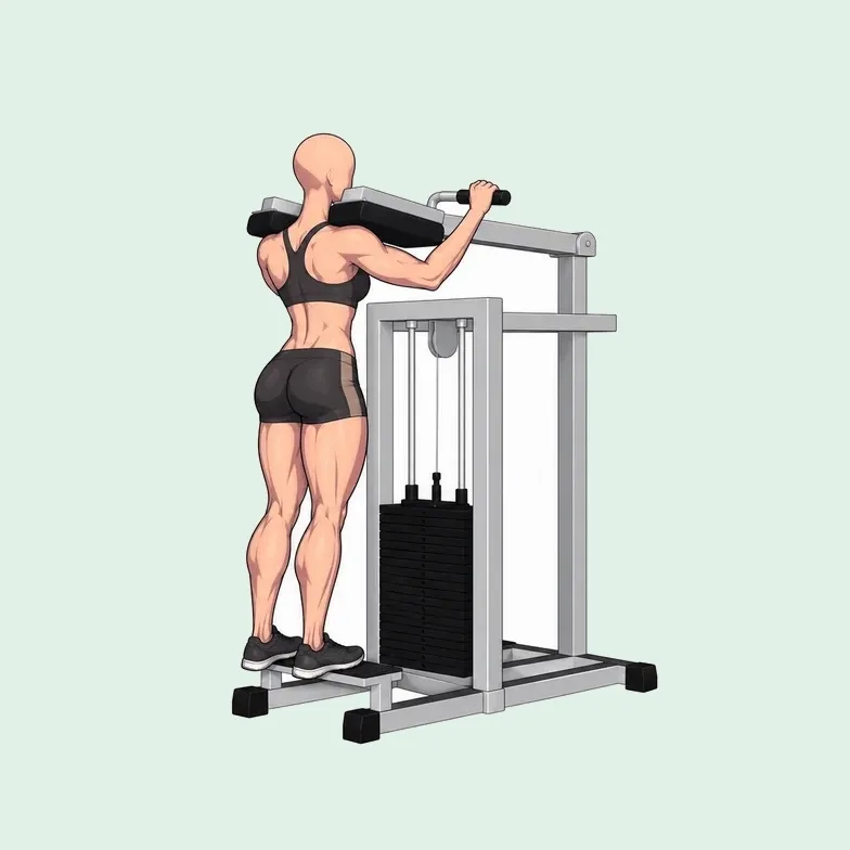 Femme à la machine à mollets debout : talons bas, puis montée sur la pointe des pieds.