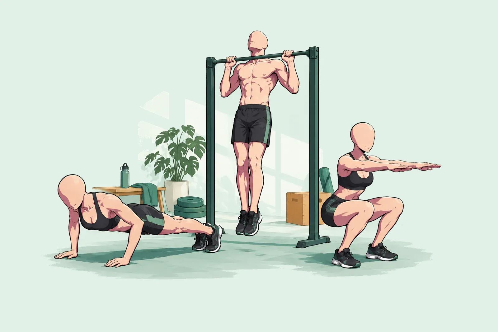 Deux femmes et un homme côte à côte : une femme fait des pompes, un homme une traction et une femme un squat.