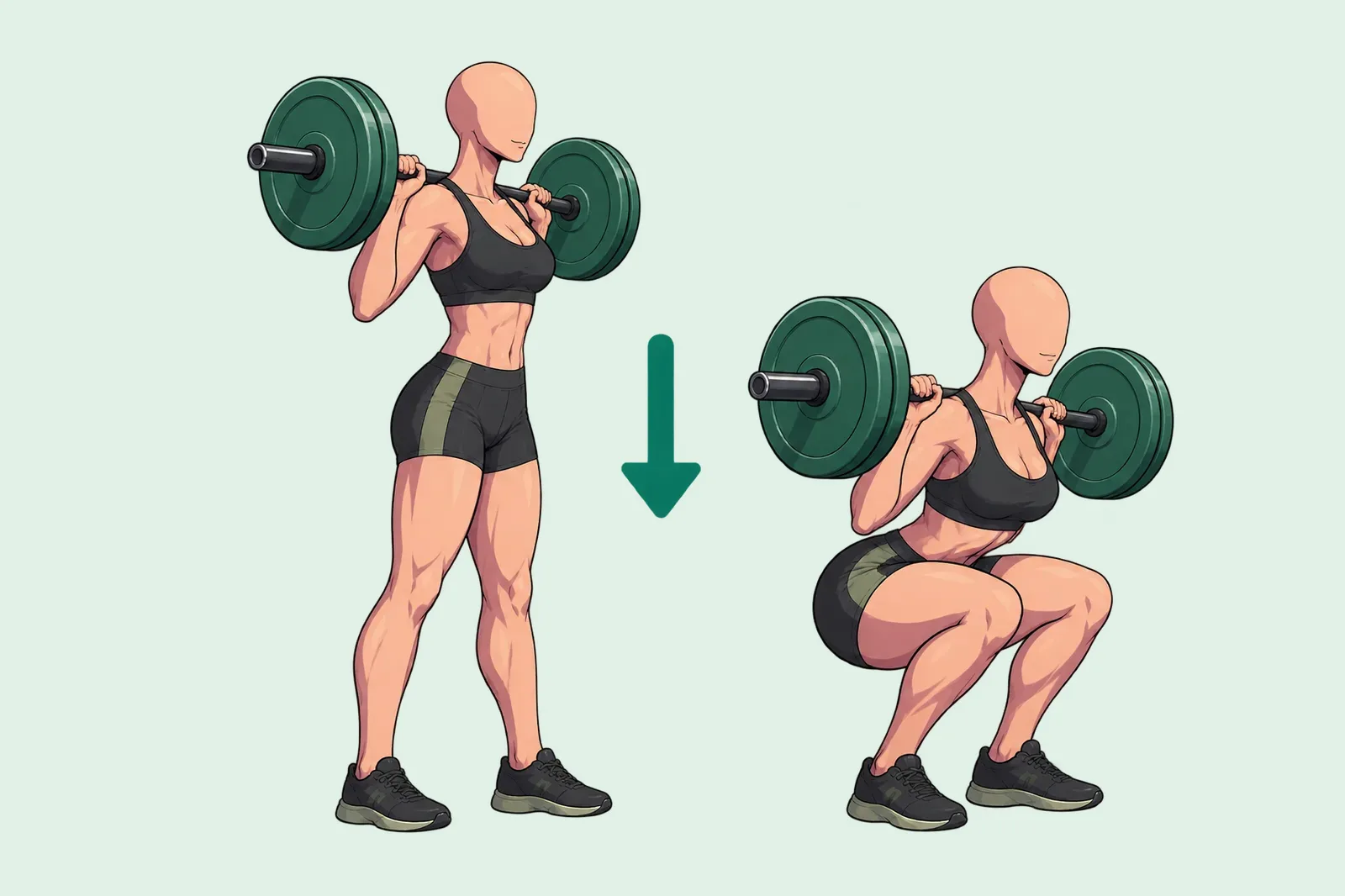 Femme qui fait un squat à la barre : debout, la barre sur le haut du dos, puis en position basse, cuisses à l’horizontale.