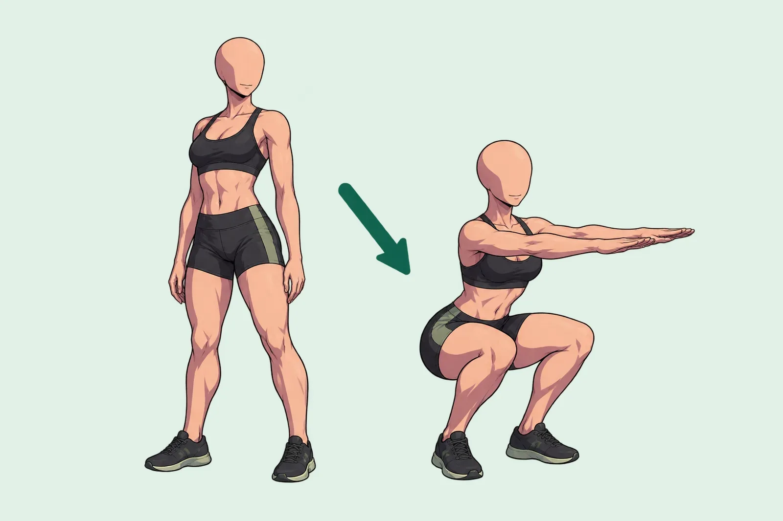 Femme qui fait un squat au poids du corps : debout, puis en bas du squat, cuisses à l’horizontale, talons au sol et bras tendus devant elle.