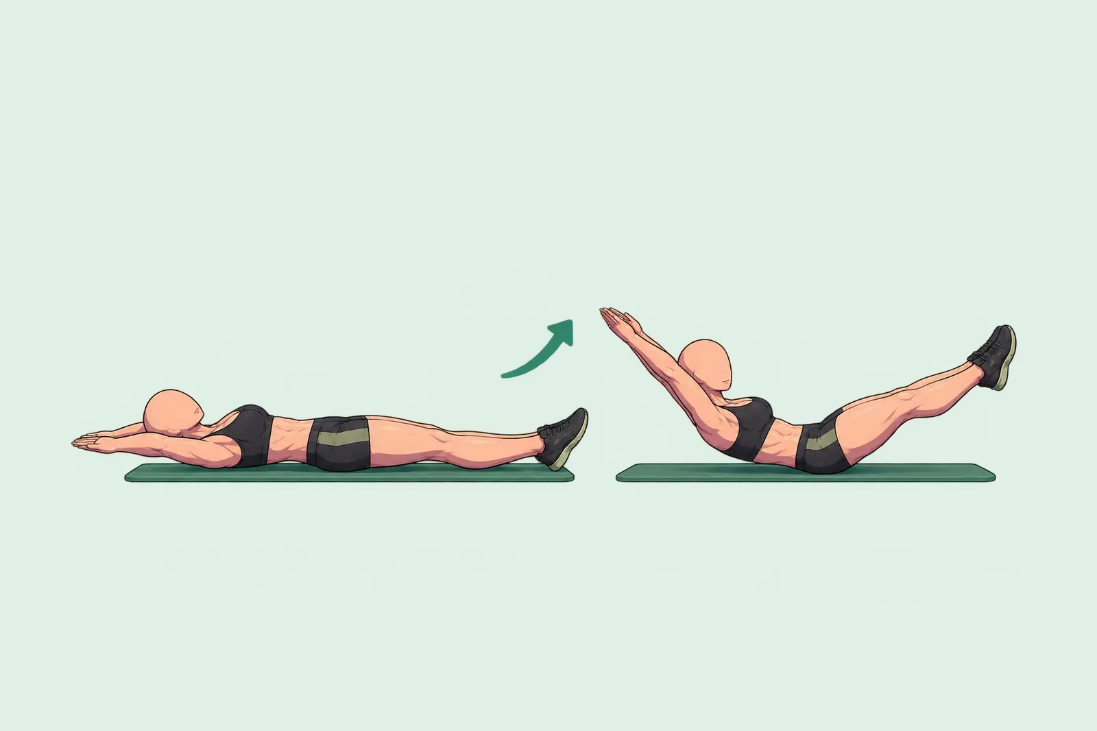 Femme allongée sur le dos qui fait un hollow hold : à plat, bras tendus au-dessus de la tête, puis épaules et jambes tendues décollées du sol.