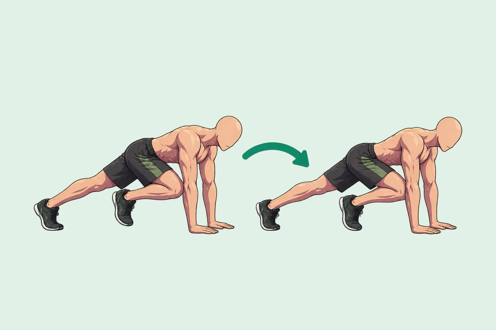 Homme en appui sur les mains qui fait des mountain climbers : un genou ramené vers la poitrine, puis l’autre genou, jambes inversées.