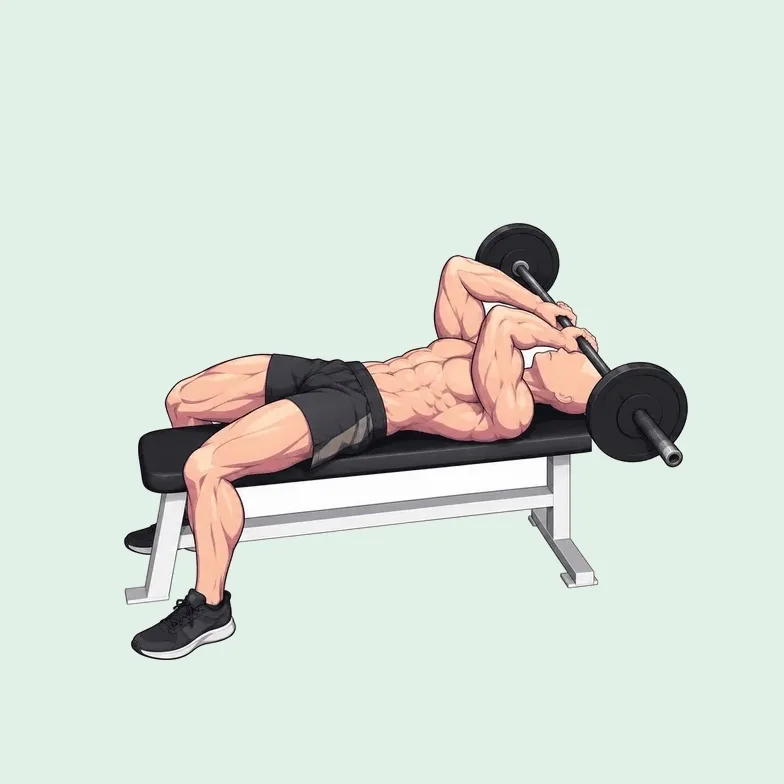 Homme allongé sur un banc qui fait la barre au front : barre au-dessus du front, coudes fléchis, puis bras tendus.