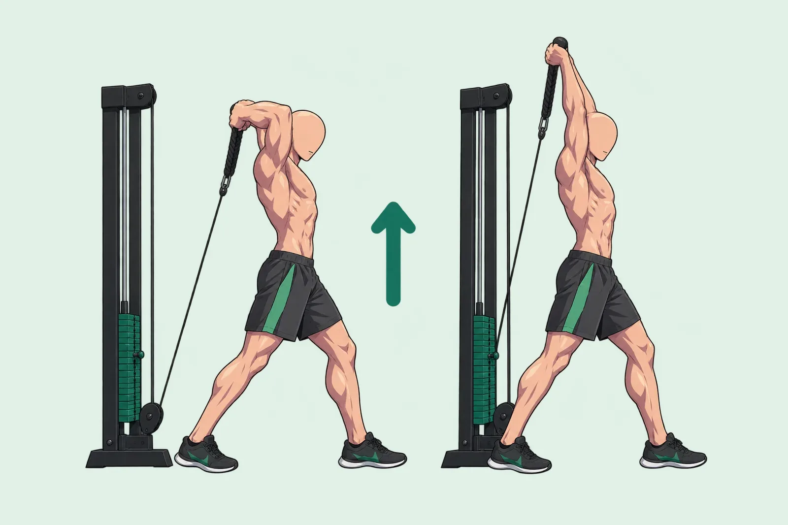 Homme debout dos à la poulie basse, la corde tenue derrière la tête, qui fait une extension des triceps : coudes pliés, puis bras tendus au-dessus de lui.