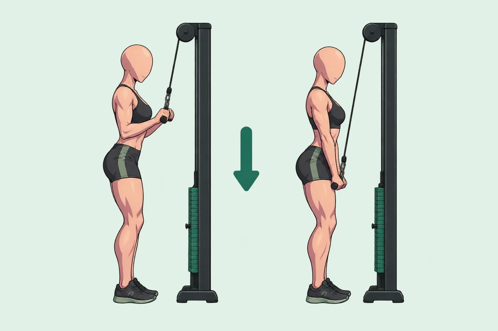 Femme debout face à la poulie haute, coudes collés au corps, qui fait une extension des triceps : avant-bras à l’horizontale, puis bras tendus vers le bas.