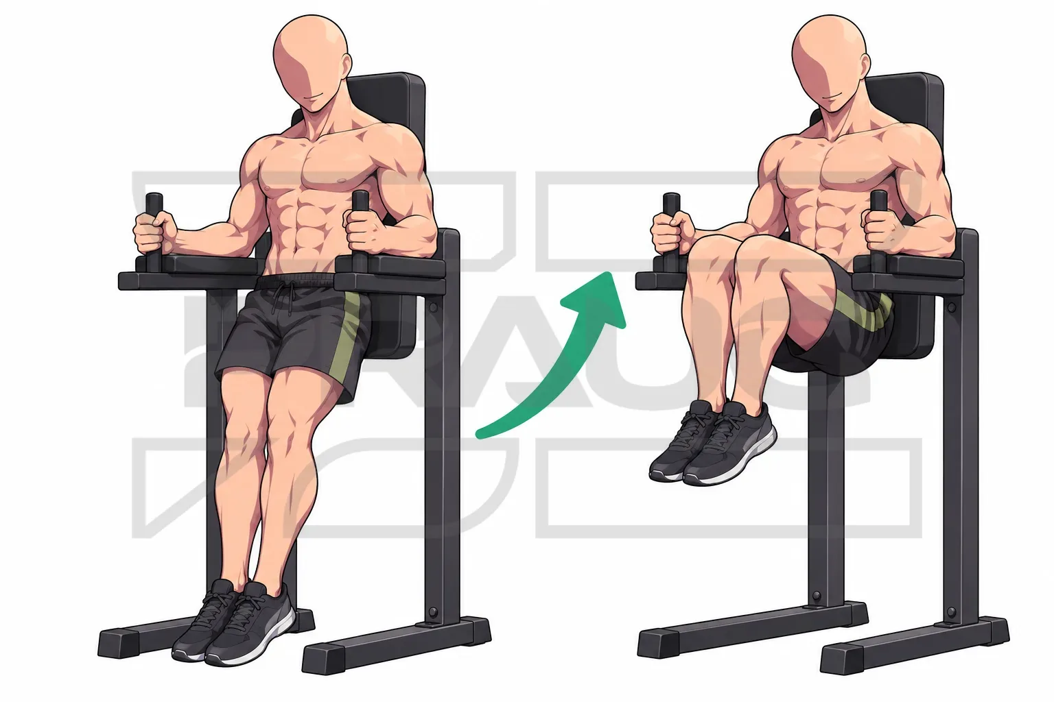 Relevé de genoux à la chaise romaine : en appui sur les avant-bras, jambes pendantes, puis genoux remontés vers la poitrine.