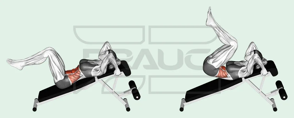 Pratiquant allongé sur un banc incliné, tête en haut et mains agrippées derrière la tête, en deux temps : genoux pliés vers l’avant, puis genoux montés vers la poitrine.
