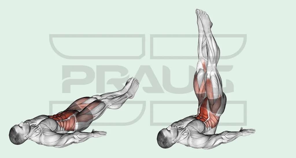 Pratiquant allongé sur le dos, bras le long du corps, jambes tendues : à gauche près du sol, à droite levées à la verticale, abdominaux en rouge.