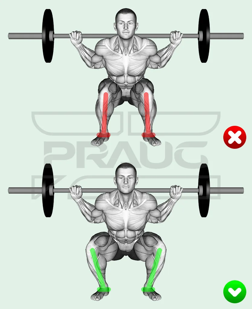 Alignement genoux et pieds au squat : comparaison entre genoux dans l’axe et genoux rentrés vers l’intérieur.