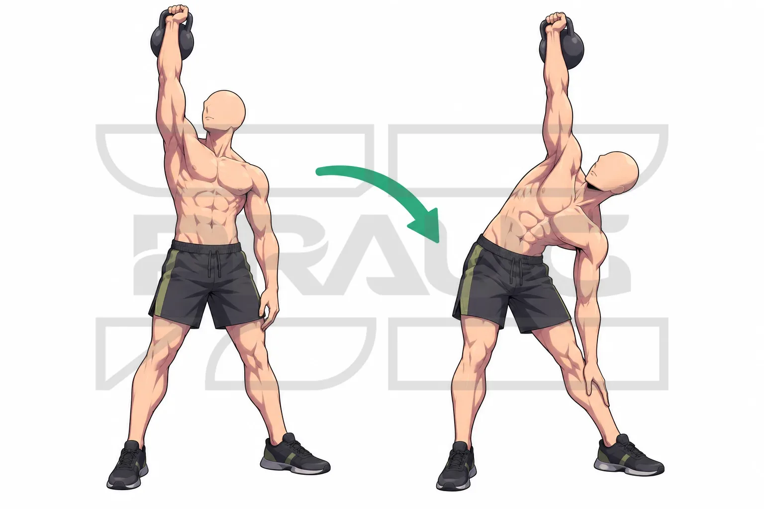 Windmill à la kettlebell : debout, kettlebell tenue bras tendu au-dessus de la tête, puis buste incliné sur le côté, main libre le long de la jambe.