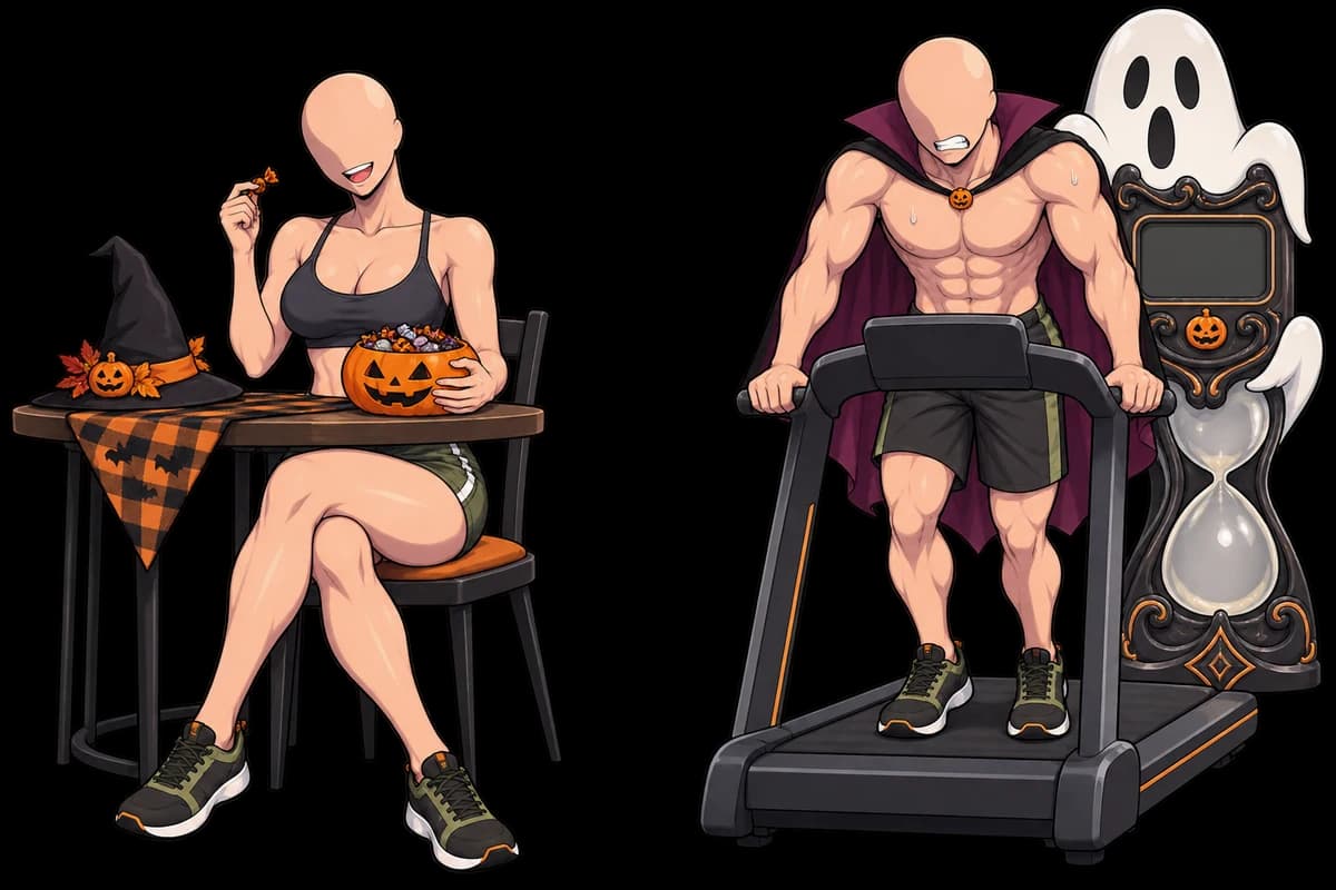 Deux scènes : un repas d’Halloween et un personnage sur un tapis de course.