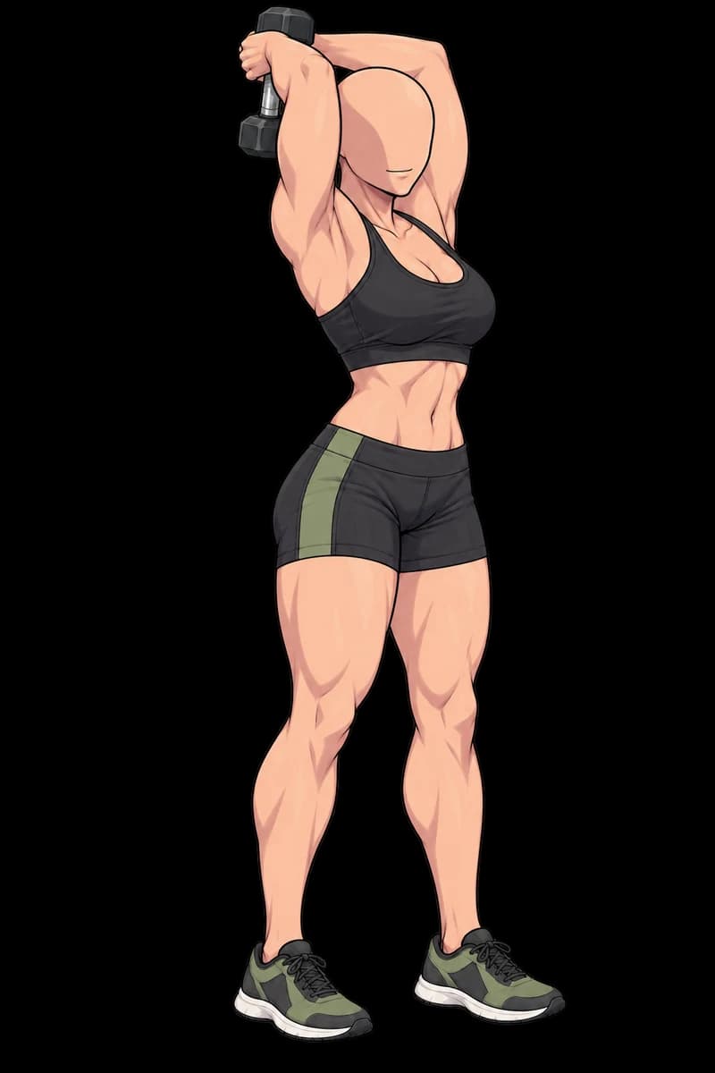 A character performing an overhead dumbbell triceps extension.