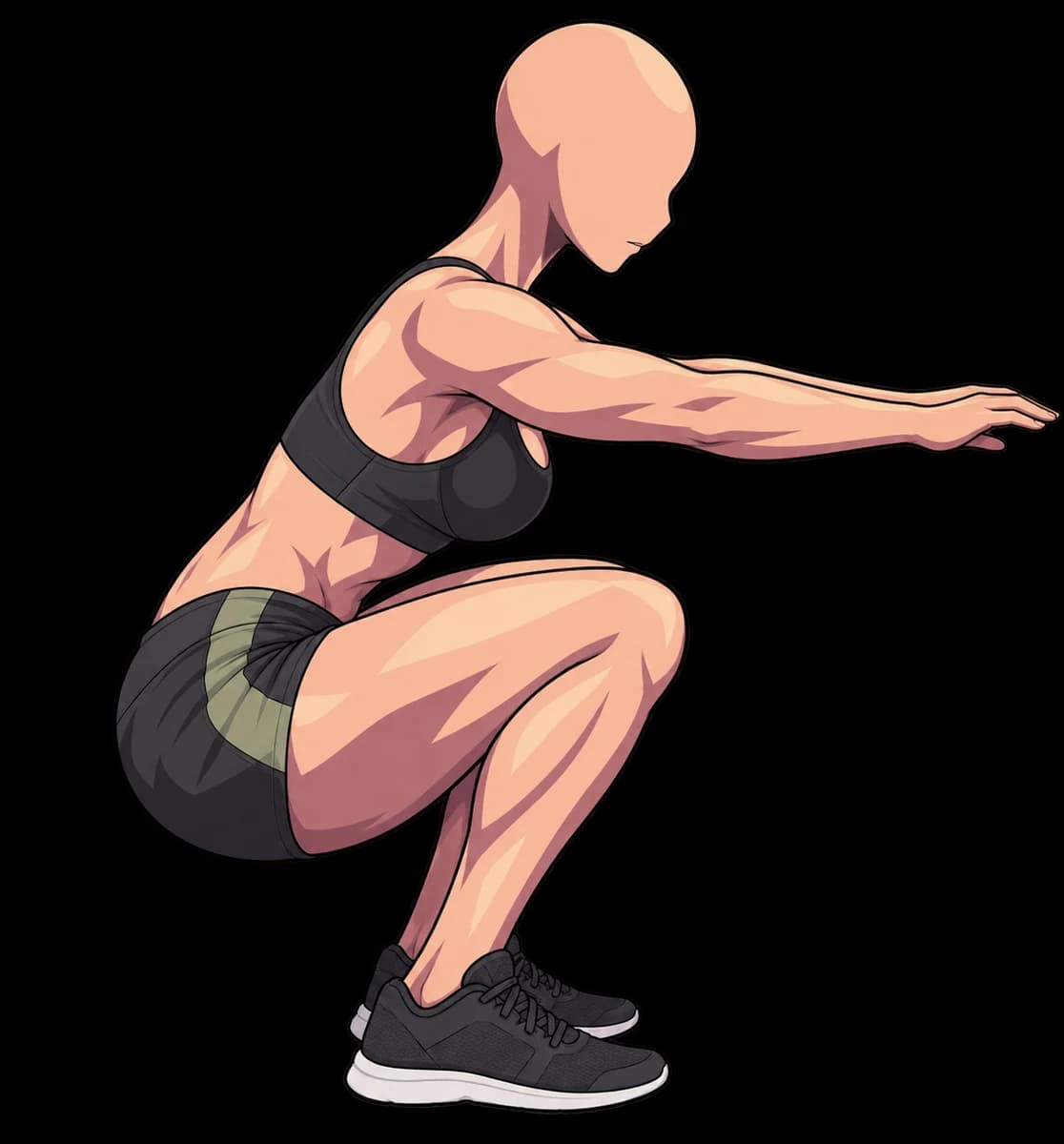 Side view of a character at the bottom of a squat.