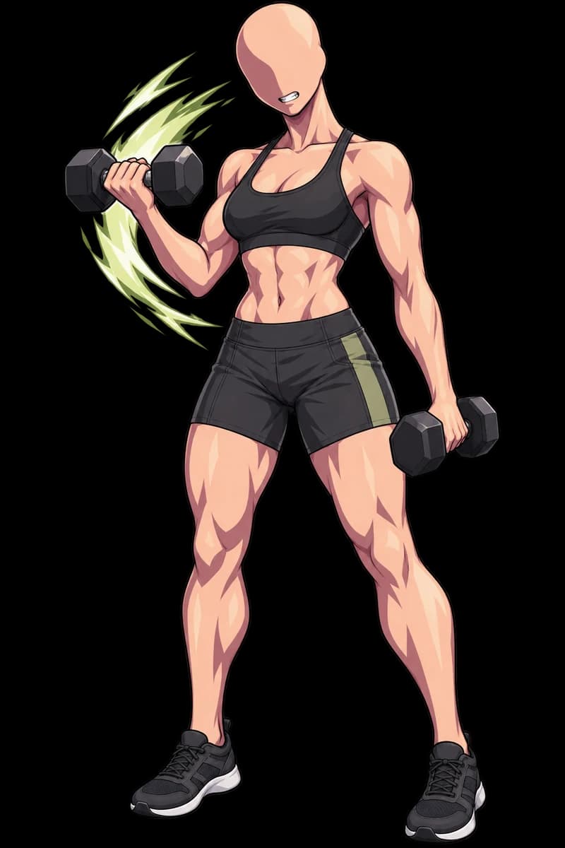 A character performing a dumbbell curl.