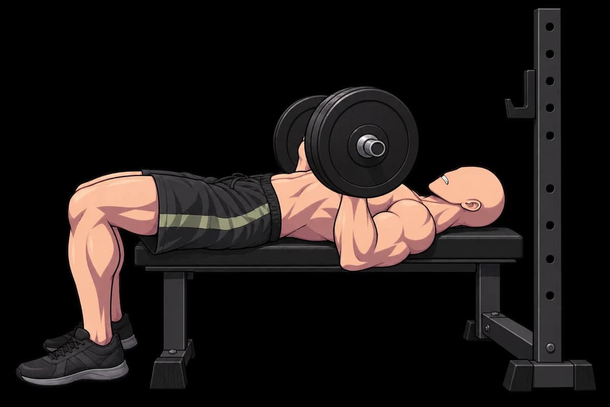 A lifter performs a barbell bench press.