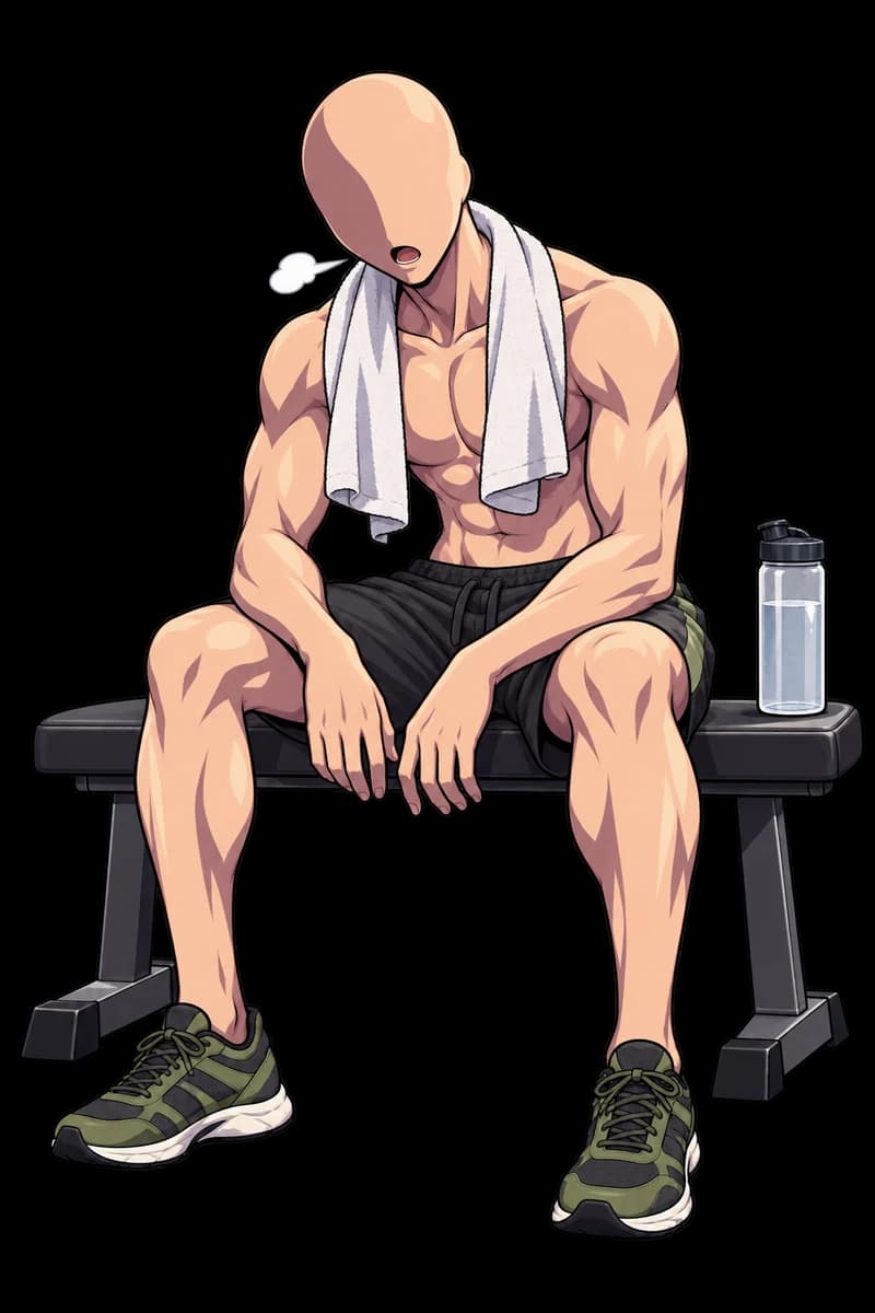A lifter takes a seated break on a bench with a towel around his neck.