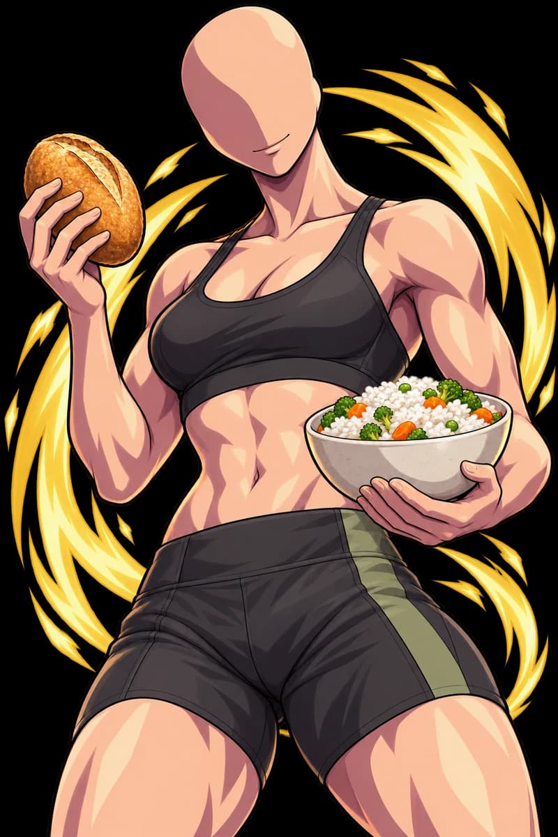 A character holding bread and a bowl containing a mixed meal.