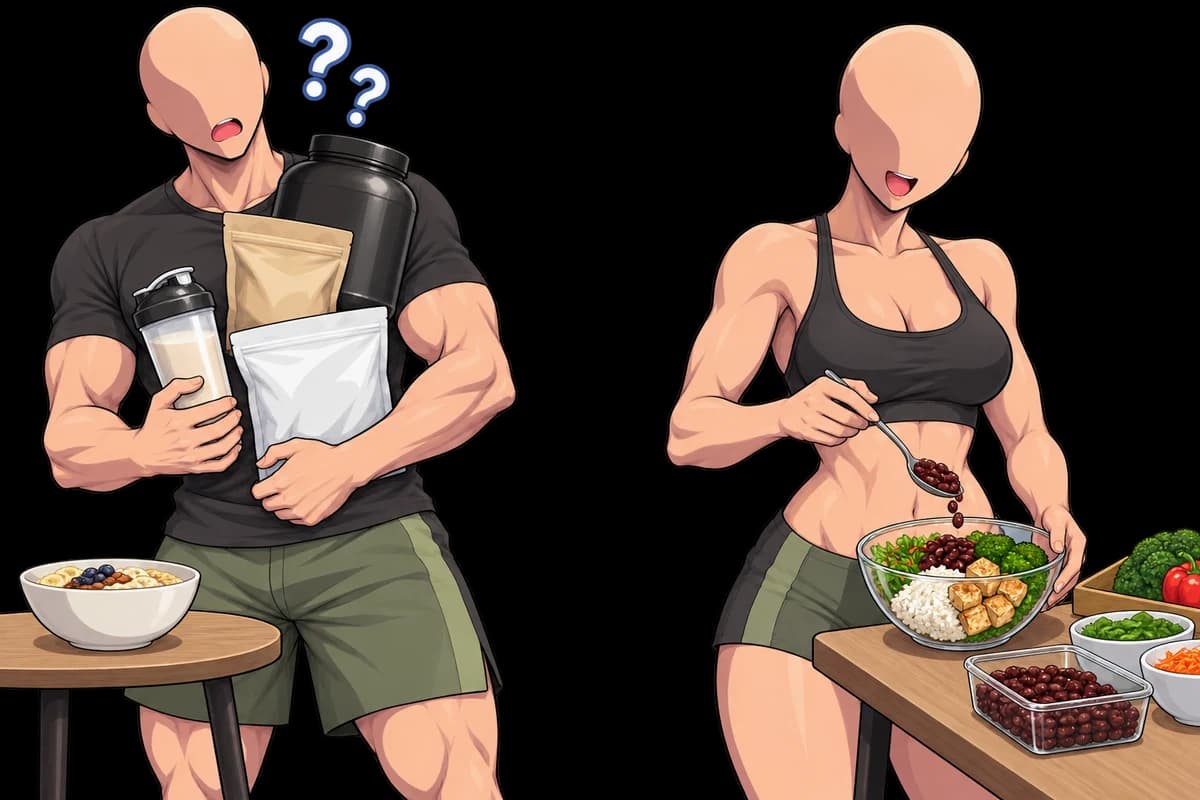 Deux personnages, l’un examinant des produits alimentaires, l’autre composant un repas.