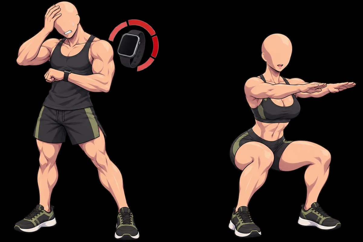 Deux scènes : un pratiquant s’interroge devant sa montre, puis une pratiquante effectue un squat au poids du corps.