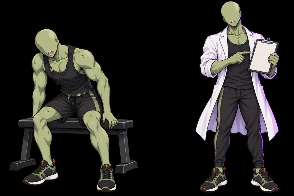 Un personnage zombie assis après l’effort, près d’un autre personnage prenant des notes.