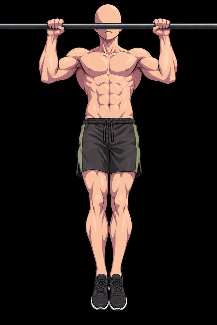 An illustration of an overhand pull-up with hands close to shoulder width.
