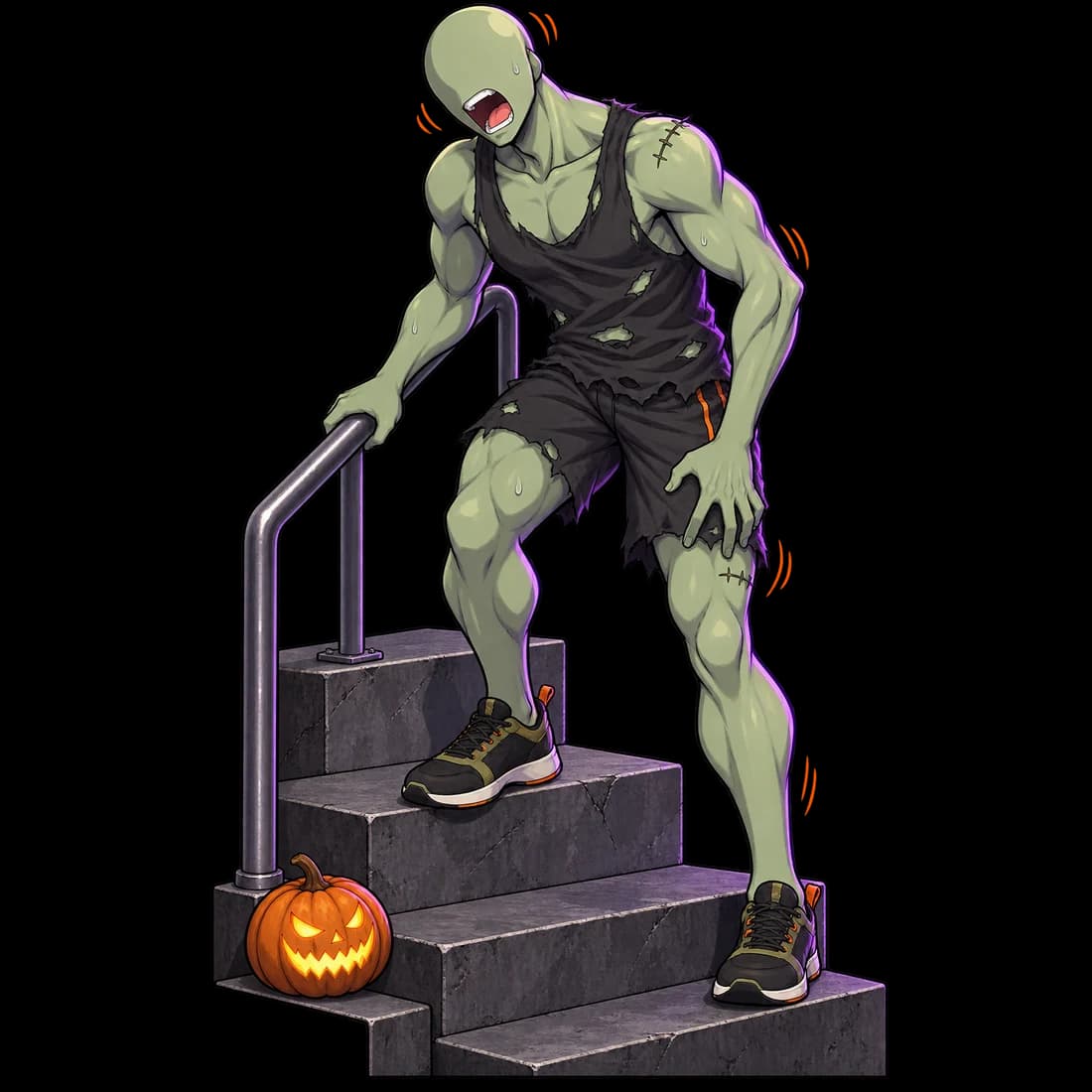 Personnage zombie descendant un escalier près d’une citrouille.